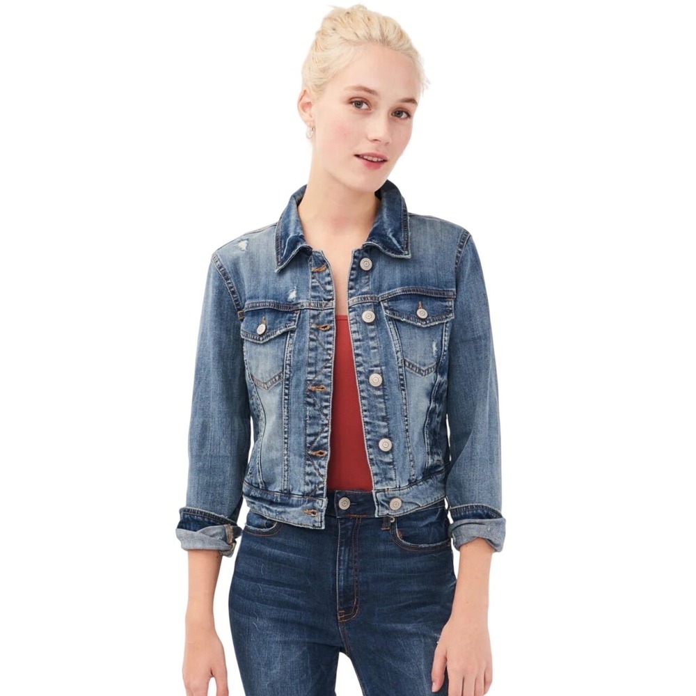 Aeropostale XS Distressed Denim Jacket Medium Wash Cropped Y2K Boho Jean Trucker